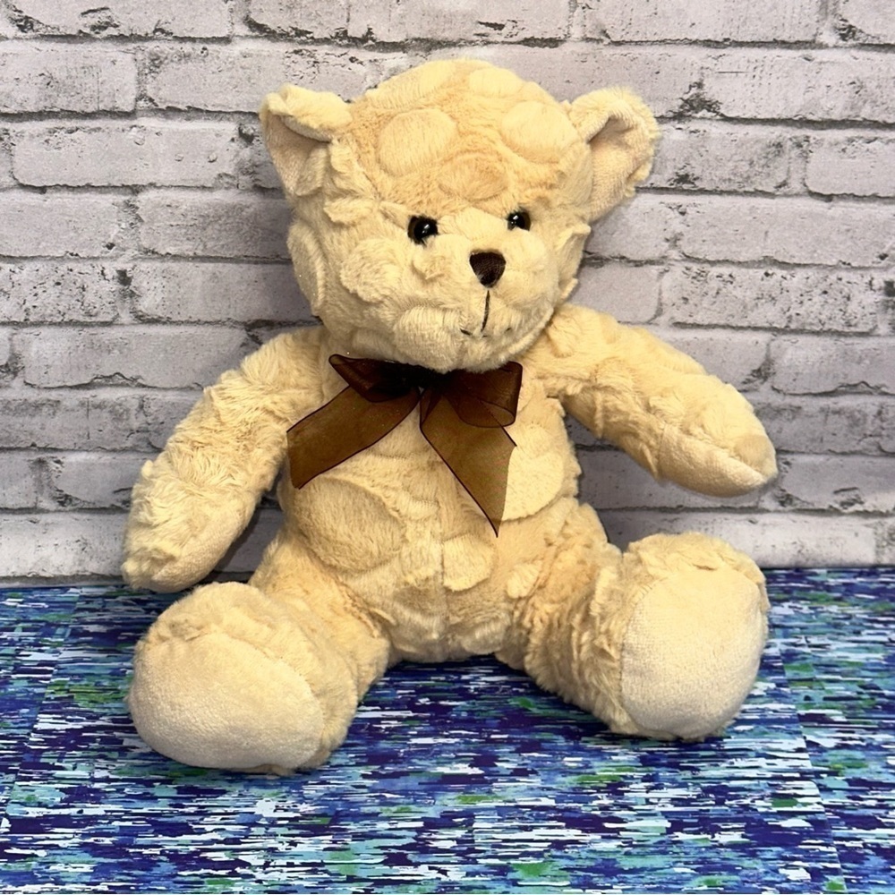 Goffa Waffle Fur Tan Teddy Bear Plush Sitting 10 in Brown Bow Stuffed Animal